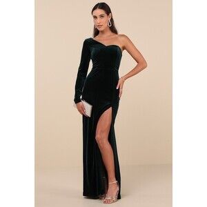 Mysterious Elegance Emerald Green Velvet One-Shoulder Maxi Dress